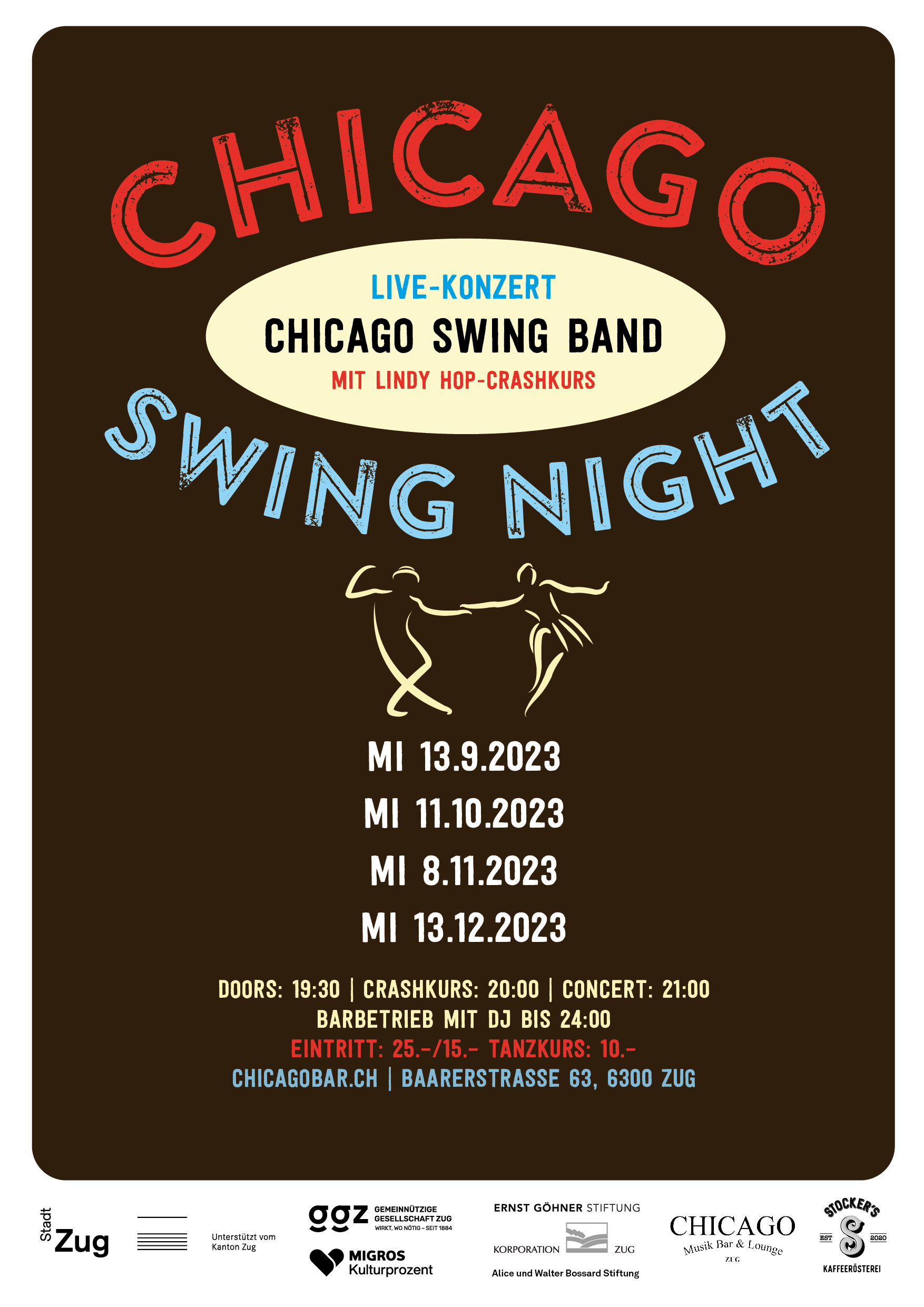 Plakat Chicago Swing Night, 13.9.23, 11.10.23, 8.11.23 und 13.12.23